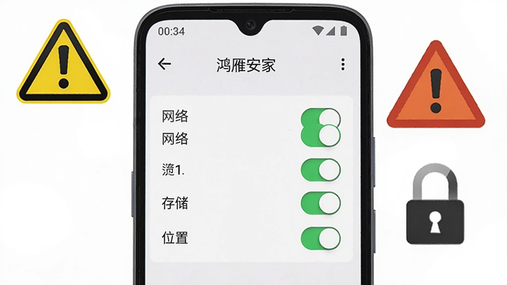 一部安卓手机屏幕特写,屏幕上显示“鸿雁安家”APP的权限设置界面,有网络、存储、位置等权限开关。手机旁边有一个警告标志和一把锁的图标,表示安全提示。布局上手机居中,警告图标在左上角。风格简洁明了,细节上权限开关有绿色和灰色状态。画质高清,干净,无多余元素。