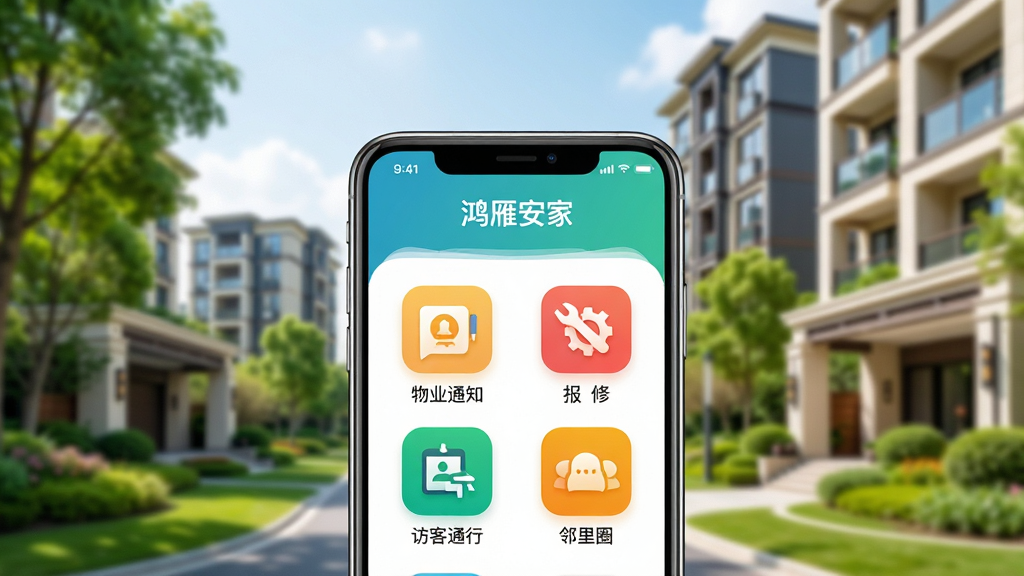画面展示一部手机,屏幕上是“鸿雁安家”APP的社区服务界面,有“物业通知”、“报修”、“访客通行”、“邻里圈”等图标。手机背景是现代化的住宅小区外观,有绿树和楼房。布局上手机位于画面中央偏下,小区背景虚化。风格清新明亮,细节上手机界面图标色彩鲜明。画质高清,干净,无多余元素。
