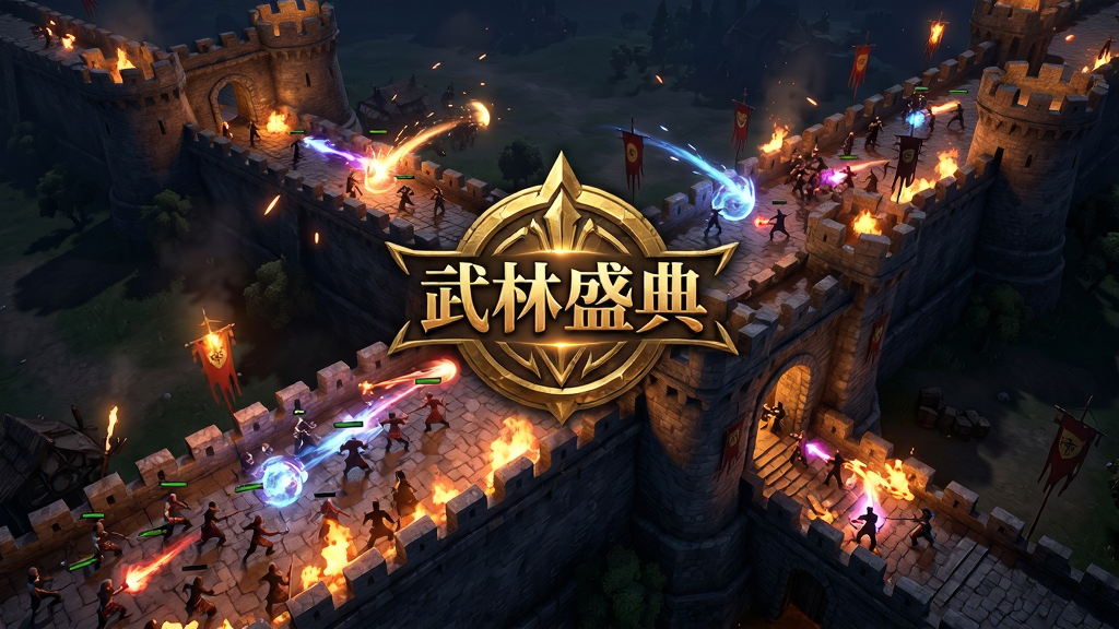 画面描绘夜晚沙巴克城墙攻防场景,主体为大量玩家角色在城墙上下混战释放技能,布局为远景俯视构图展现战场全貌,排版上画面中央悬浮