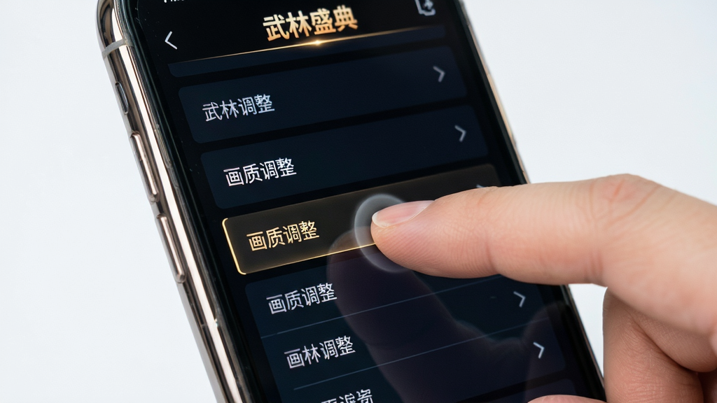 画面展示手机屏幕中显示游戏设置界面,主体为一只手正在点击