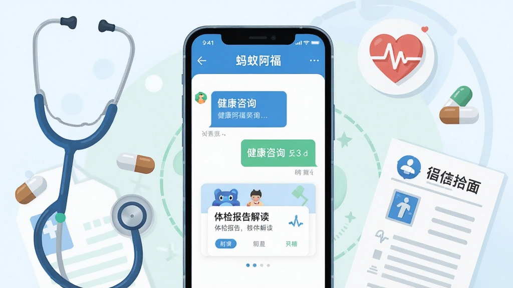 画面中央放置一部智能手机,手机屏幕上显示“蚂蚁阿福”应用主界面,界面包含健康咨询对话框与体检报告解读卡片,手机周围环绕听诊器、心率图标、药丸、体检报告单等医疗元素,采用扁平化插画风格,色调以清新蓝白绿为主,排版简洁居中,细节清晰,画质高清,干净无多余元素