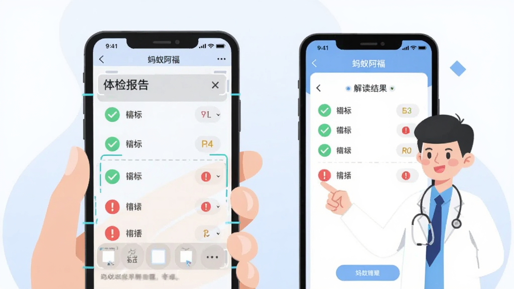 画面展示一份体检报告单被手机扫描识别,手机屏幕上“蚂蚁阿福”应用弹出解读结果,用绿色对勾和红色感叹号标注各项指标,旁边有医生卡通形象指点说明,整体布局为左报告右手机,风格为现代简约扁平插画,色调以白色浅蓝为主,细节清晰,画质干净,无多余元素
