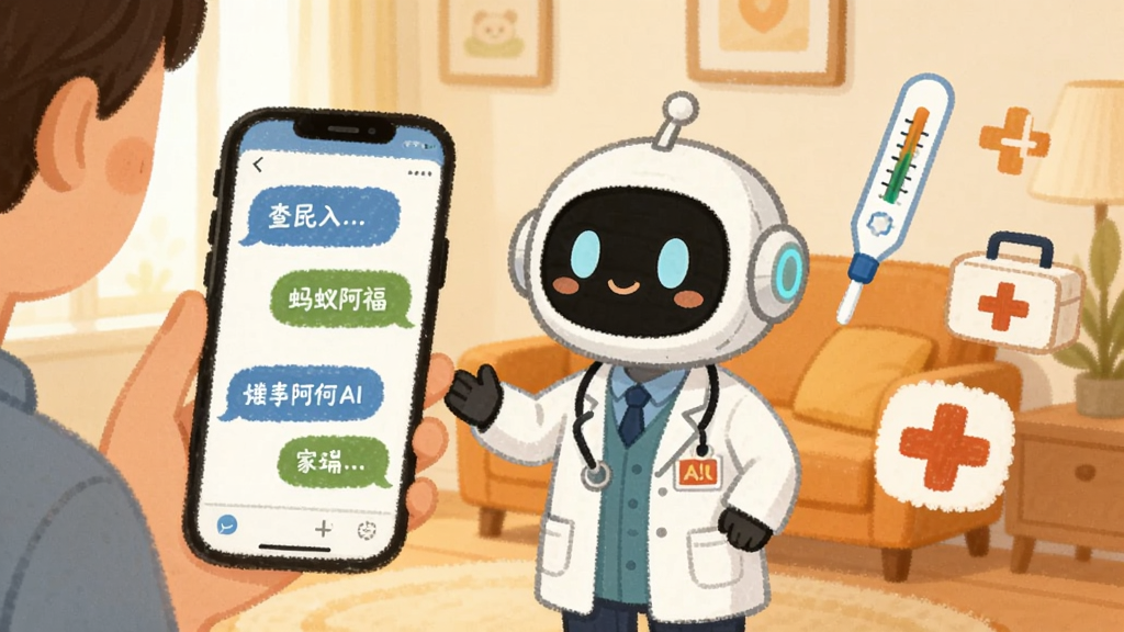 画面中一位用户正手持手机与“蚂蚁阿福”AI医生进行对话,手机屏幕显示问答气泡,AI医生形象以卡通机器人穿着白大褂呈现,背景为温馨的家庭客厅,画面右侧悬浮着体温计、药箱、健康十字图标,风格为温暖手绘插画,排版左中右分布,细节柔和,画质清晰,干净整洁