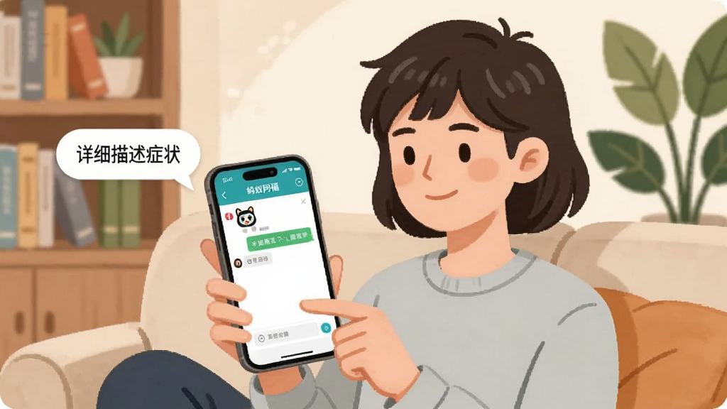 画面展示一位年轻用户坐在沙发上使用手机“蚂蚁阿福”,手机屏幕显示问诊对话,旁边有提示气泡写着“详细描述症状”,背景有书架和绿植,风格为温馨生活插画,布局人物居中手机突出,细节柔和,画质清晰,干净无多余元素