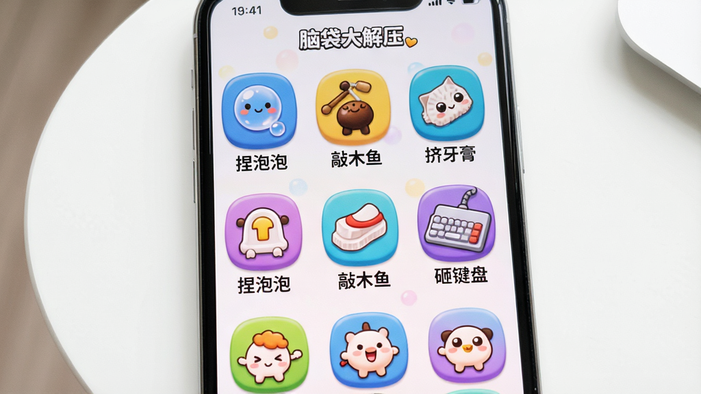 一张展示手机屏幕上多个解压小游戏图标的画面,手机置于画面中央,屏幕中排列着“捏泡泡”“敲木鱼”“挤牙膏”“砸键盘”等彩色图标,图标圆润可爱,背景为干净的白色桌面,光线柔和,风格卡通风,画质清晰,无多余元素,画面中可带有“脑袋大解压”文字标识