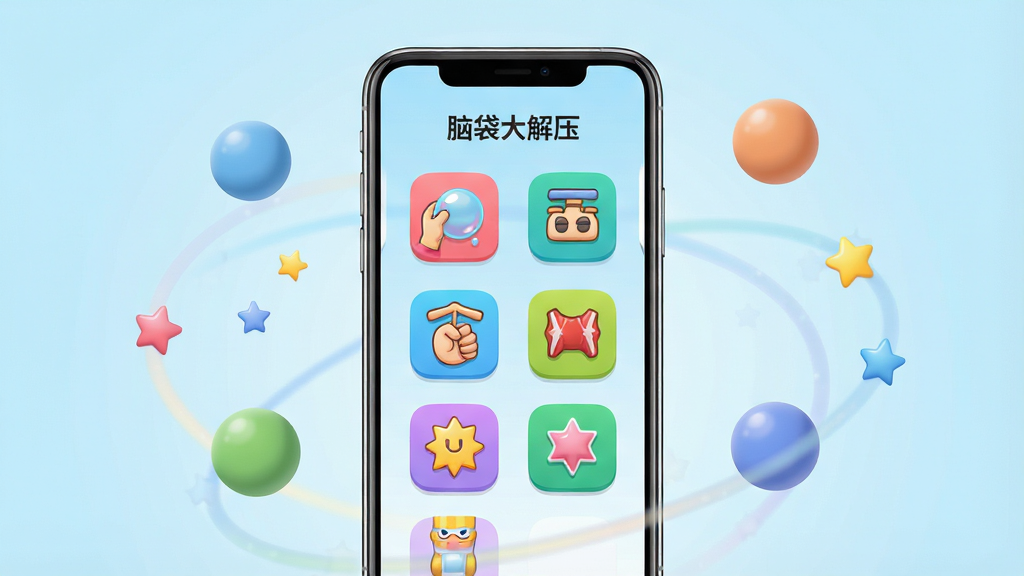 一张干净简洁的手机应用界面展示图,画面中央是一部现代智能手机,手机屏幕上显示着“脑袋大解压”应用的主界面,界面中有多个彩色解压小游戏图标如捏泡泡、敲击、挤压等,背景为柔和的浅蓝色渐变,周围环绕着漂浮的减压球和星星元素,整体风格清新活泼,排版居中,画质高清,无多余文字,干净明亮