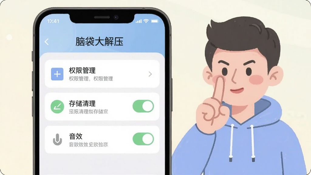 一部手机屏幕显示“脑袋大解压”的设置界面,界面中有权限管理、存储清理、音效开关等选项,旁边有卡通人物做出“注意”手势,风格扁平化,色彩柔和,画质清晰,无杂乱元素
