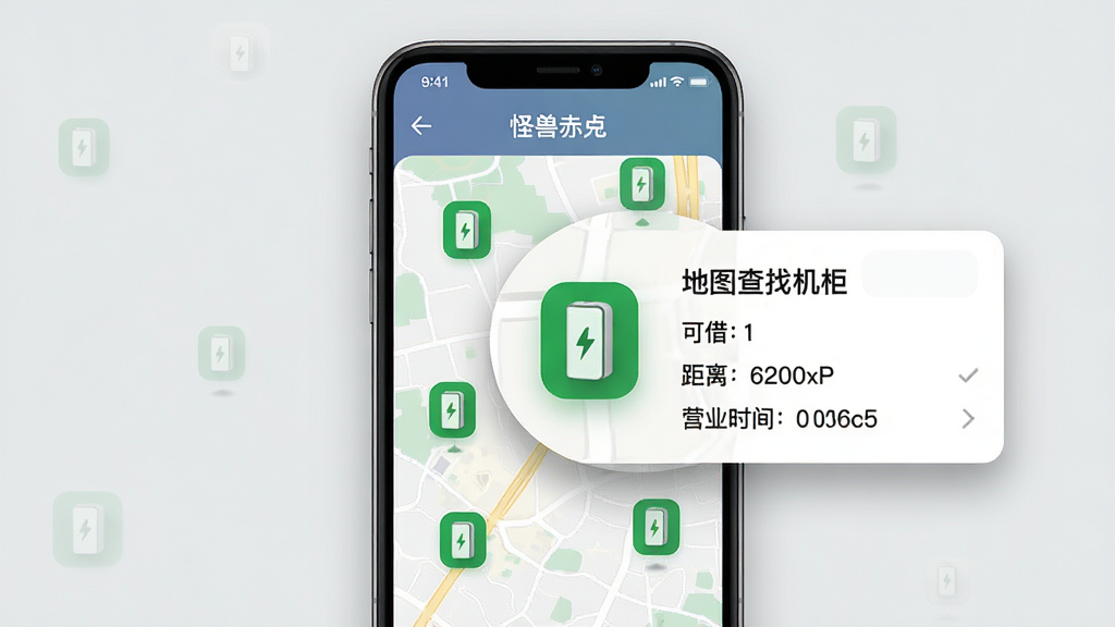 一张展示怪兽赤兔APP地图查找机柜功能的界面图,画面主体是手机屏幕,屏幕内地图上有多个绿色充电宝图标标记,其中一个标记被放大显示机柜详情,包括可借数量、距离和营业时间,布局为手机居中,背景为浅灰色,风格简洁现代,细节有图标阴影和文字清晰,画质干净,无多余元素