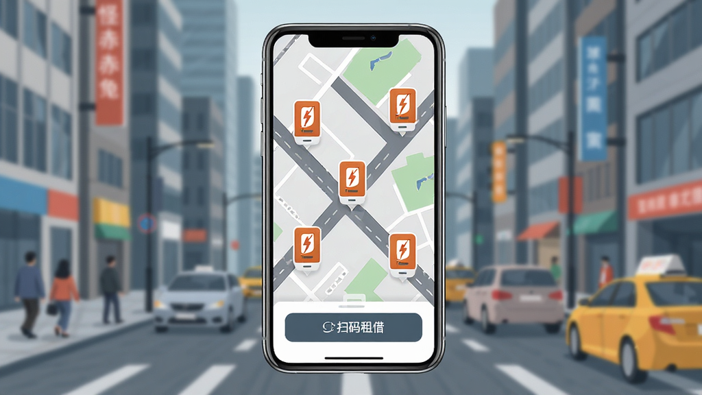 一张手机屏幕展示怪兽赤兔APP主界面的场景图,画面中央是手机,屏幕内显示地图上分布着多个充电宝机柜图标,底部有扫码租借按钮,背景是繁华的城市街道,风格为现代扁平化设计,细节包括手机边框反光、地图道路线条、充电宝图标高亮,画质清晰,干净,无多余元素