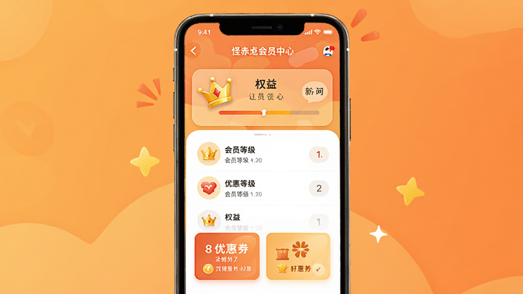 一张展示怪兽赤兔APP会员中心界面的图,画面主体是手机屏幕,屏幕内显示会员等级、权益列表和优惠券卡片,布局为手机居中,背景为暖橙色渐变,风格活泼亲和,细节有皇冠图标和进度条,画质清晰,干净,无多余元素