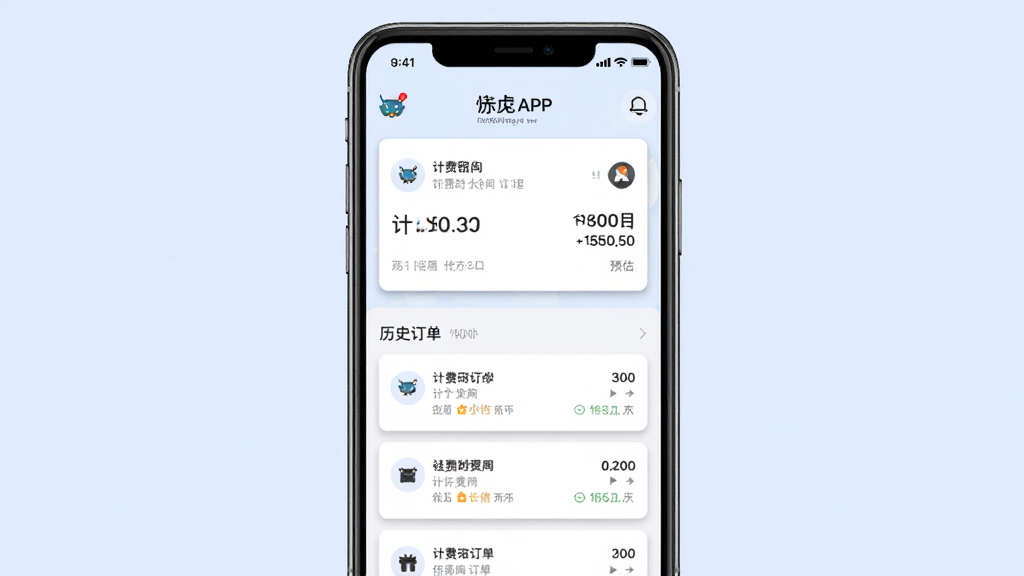 一张展示怪兽赤兔APP订单管理界面的手机截图,屏幕内显示当前租借中的订单卡片,包含计费时长和预估费用,下方是历史订单列表,布局为手机竖向居中,背景为淡蓝色,风格清新商务,细节有卡片阴影和图标,画质干净,无多余元素