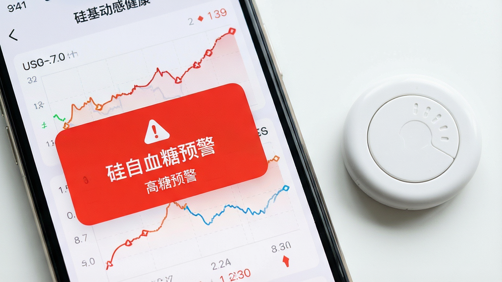 一张手机屏幕特写图,画面中“硅基动感健康”app正显示着醒目的高血糖预警弹窗,弹窗采用红色警示色调,背景是简洁的血糖曲线图,手机旁边放置着一个白色的硅基动感圆形传感器,整体风格为医疗健康类APP界面展示,细节清晰,画质明亮,无杂乱元素