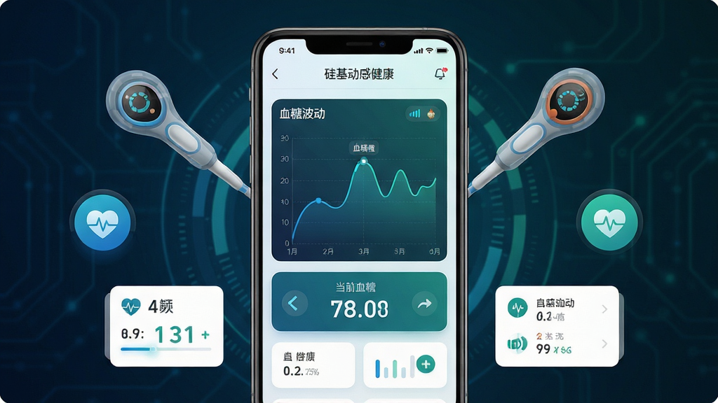 一款名为“硅基动感健康”的手机应用界面展示图,主体为一部竖屏智能手机,屏幕中央显示着清晰的血糖波动曲线图和当前血糖数值,周围环绕着动态的血糖监测探头和健康数据图标,布局采用中心聚焦式排版,风格为现代医疗科技感,细节上突出蓝绿色调的数据可视化图表和简洁的卡片式信息模块,画质高清,界面干净整洁,无多余元素干扰