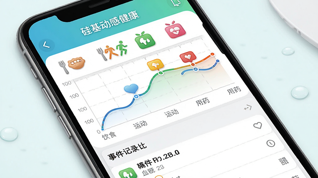 一张“硅基动感健康”app的事件记录界面示意图,画面中手机屏幕显示着血糖曲线,曲线上方有饮食、运动、用药等彩色小图标标记,下方是事件记录列表,风格为清新简洁的移动应用界面,细节上图标精致、色彩区分明显,画质干净,无多余装饰