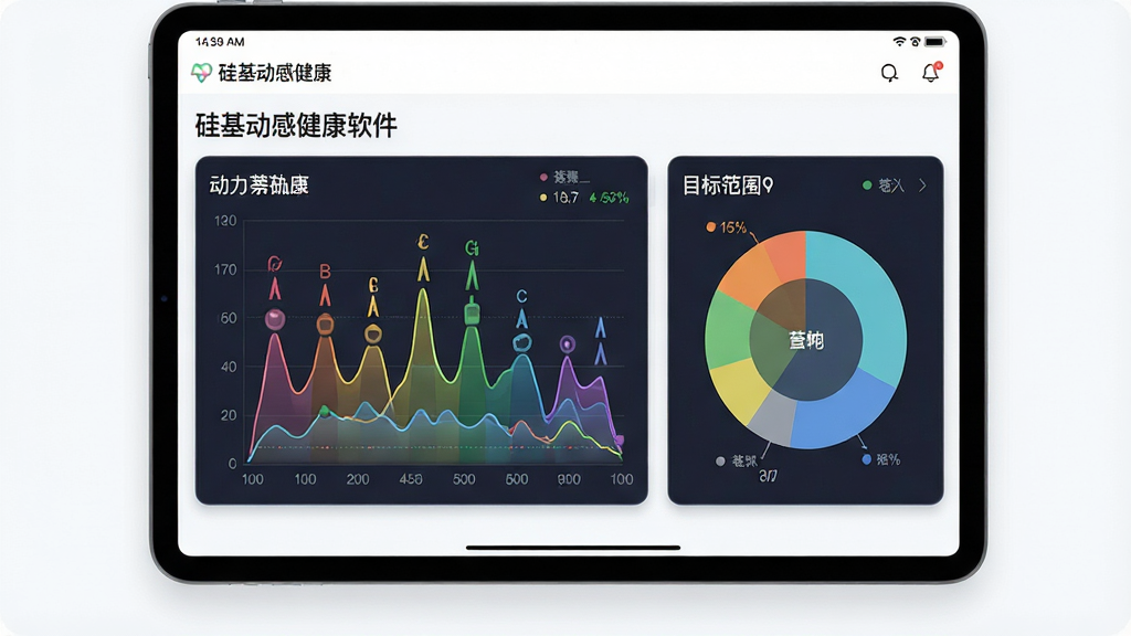 一幅“硅基动感健康”软件的数据报告页面截图风格图,主体为平板电脑或大屏手机展示着彩色的动态葡萄糖图谱和目标范围内时间饼图,布局为上下分栏结构,风格为专业医疗数据可视化,细节上图表线条清晰、色彩柔和,画质锐利,背景干净无干扰