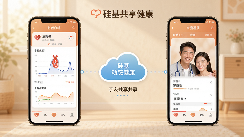 一张展示“硅基动感健康”亲友共享功能的示意图,画面中有两部手机通过云端连接,一部显示患者血糖数据,另一部显示家属查看界面,中间用虚线连接表示数据共享,布局为左右对称式,风格为温馨科技感,细节上界面清晰、色调温暖,画质高清,背景简洁