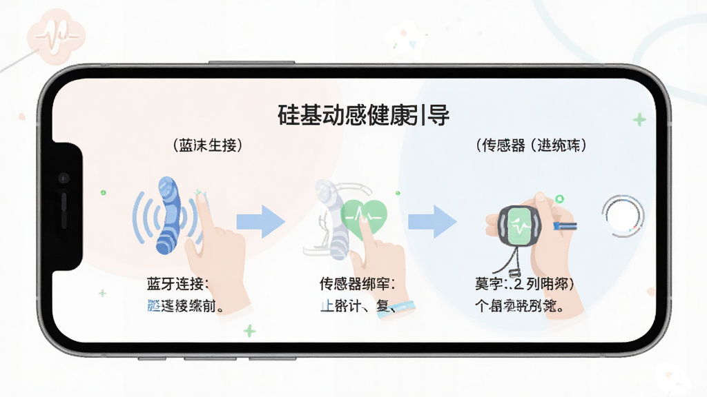 一张“硅基动感健康”app新手操作引导页面的示意图,画面中手机屏幕显示着蓝牙连接和传感器绑定的分步教程,配有箭头和文字说明,风格为扁平化教学插画,细节上步骤清晰、配色柔和,画质干净,无杂乱背景