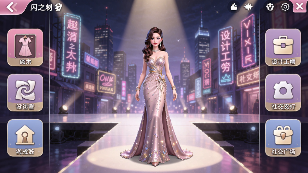 以闪亮之名游戏主界面全景展示,画面中央为一位身着华丽晚礼服的虚拟女性角色站在聚光灯下的T台上,背景是璀璨的都市夜景与闪烁的霓虹灯牌,左右两侧分布着衣橱、设计工坊、社交广场等功能入口图标,整体采用梦幻粉紫与金色配色,3D渲染风格,细节精致,画质高清,干净无多余元素