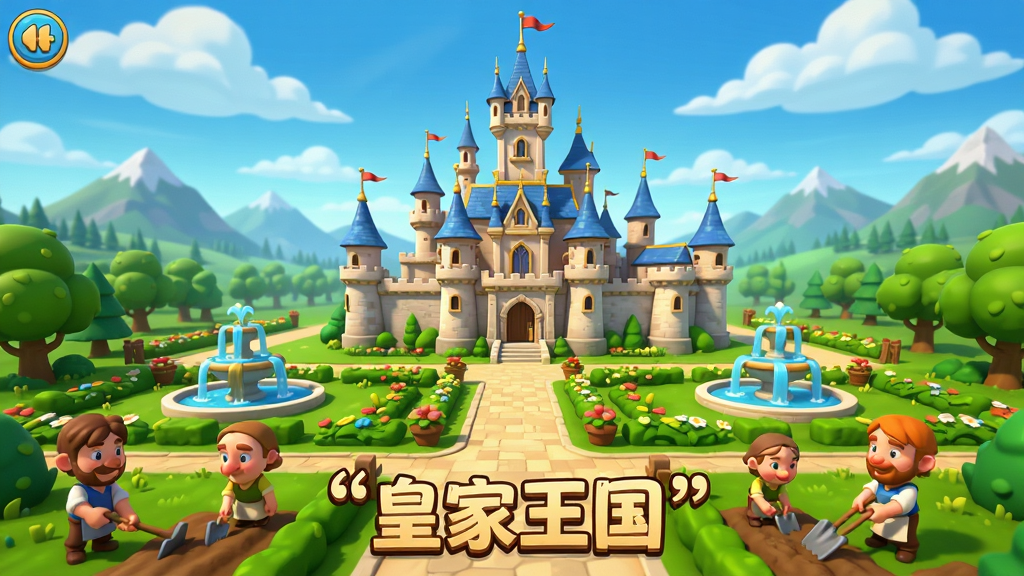 皇家王国游戏主界面全景图,画面中央是一座宏伟的欧式城堡,城堡周围环绕着绿意盎然的花园与喷泉,远处有连绵的群山和蓝天白云,前景有几位卡通风格的村民正在劳作,整体采用明亮鲜艳的色彩,卡通渲染风格,细节丰富,画质清晰干净,无多余元素,图片中文字加引号标注