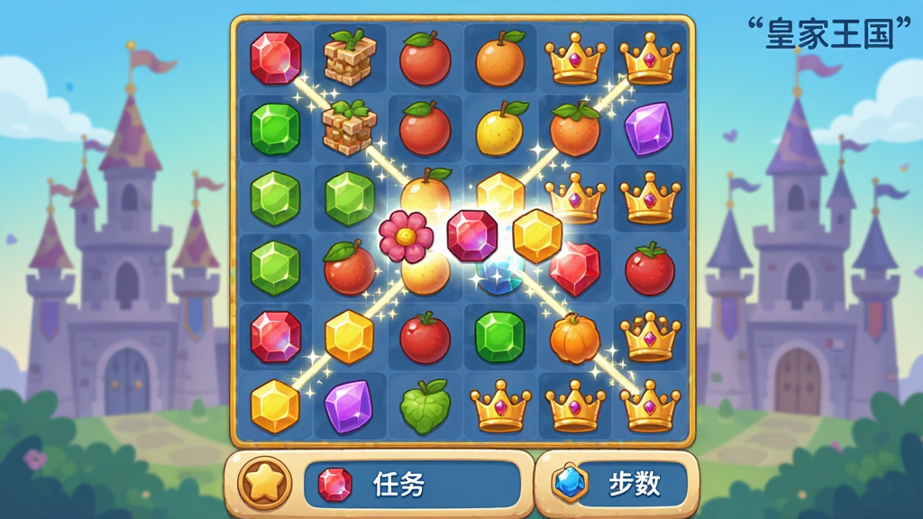卡通风格的三消游戏界面,画面中有一个6x6的网格棋盘,棋盘上摆放着各种宝石、水果和皇冠图案,三个相同图标连成一线时有闪光特效,棋盘下方有任务目标和步数显示,背景是皇家王国的城堡剪影,色彩明亮饱和,风格清新可爱,画质精细,干净无多余元素,图片中文字加引号标注