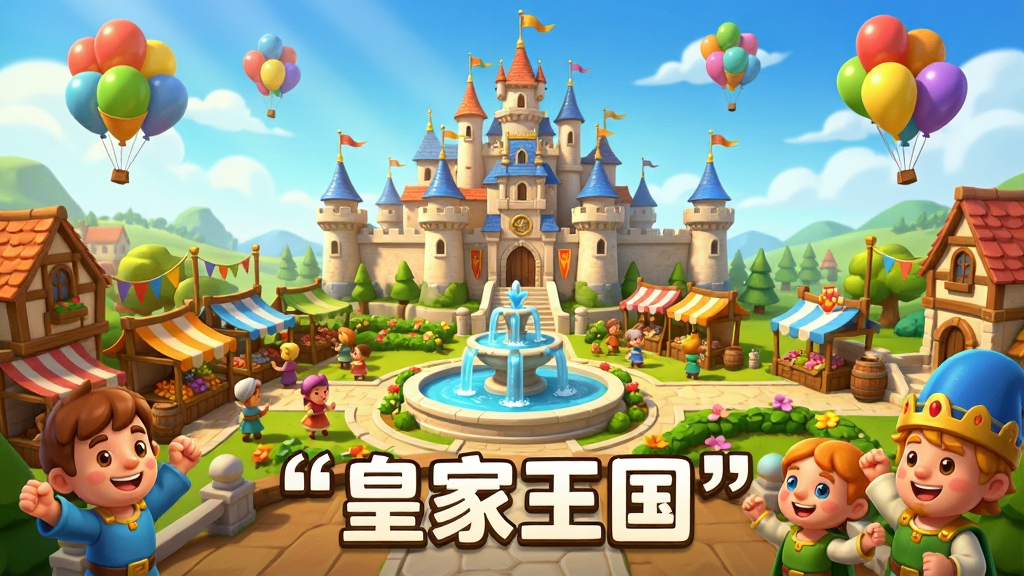 皇家王国游戏宣传图,画面展示了一个繁荣的王国全景,有宏伟的城堡、热闹的市集、美丽的喷泉和花园,天空中飘着彩色气球,前景有卡通角色在欢呼,整体风格温馨欢乐,色彩明亮鲜艳,细节丰富,画质高清,干净无多余元素,图片中文字加引号标注