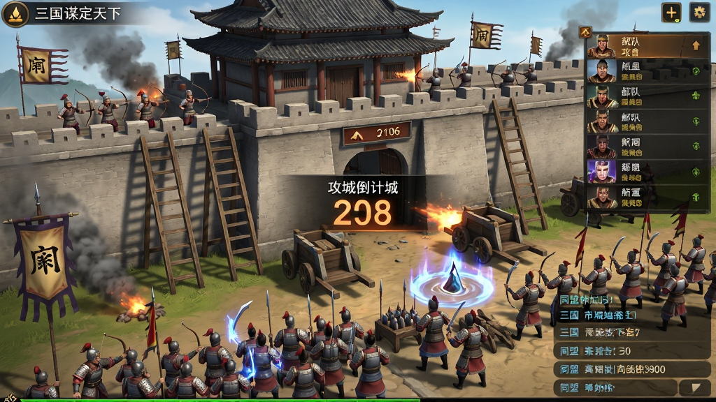 三国:谋定天下同盟攻城场景,画面主体为多支玩家部队集结在城池下方,云梯与冲车正在进攻城门,布局上城墙上方守军射箭,下方攻方列阵,排版中央显示攻城倒计时与部队列表,风格为中国风战争策略游戏画面,细节有战旗、硝烟、武将技能光效与同盟频道聊天框,画质高清,干净整洁,无多余元素。