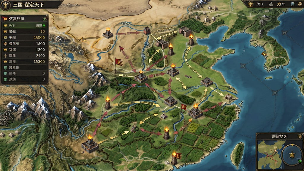 三国:谋定天下游戏中的九州沙盘大地图,画面主体为俯视视角的古代中国地形,包含山脉、河流、城池、关隘与农田,布局上以州郡为单位划分区块,排版左侧显示资源产量面板,右侧显示同盟势力范围,风格为写实策略游戏地图,细节有行军路线、烽火台与驻扎营地,画质高清,干净整洁,无多余元素。