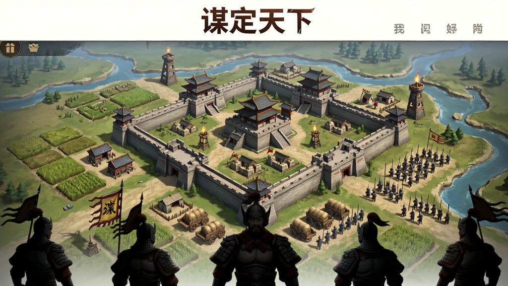 画面主体为三国:谋定天下游戏主界面,中央是气势恢宏的古代城池沙盘地图,四周分布农田、兵营、城墙与河流,前景有几位身披铠甲的武将剪影,布局采用中心辐射式构图,排版上方留白用于展示游戏标题,风格为中国风写实策略游戏界面,细节包含战旗、烽火台、粮草车与士兵队列,画质高清,干净整洁,无多余元素。