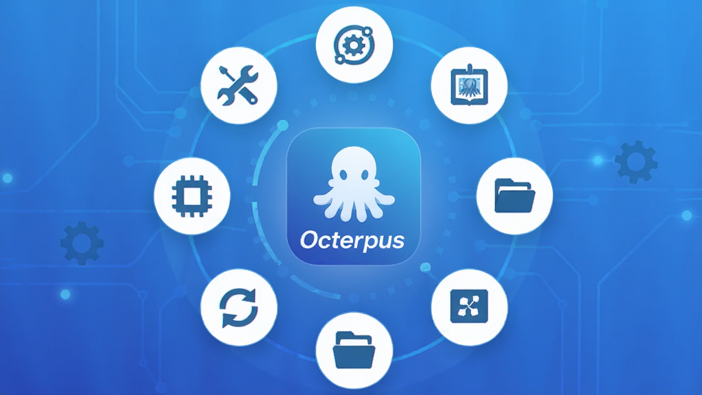 Octerpus多功能集成示意图,画面中央为Octerpus应用图标,周围环绕多个功能小图标如扳手、齿轮、文件夹等,采用圆形环绕布局,风格科技感与简洁结合,蓝色渐变背景,画质清晰,干净无多余元素