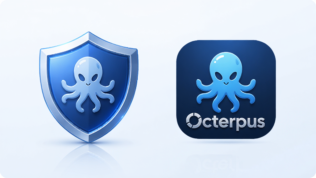 Octerpus安全防护概念图,画面展示一个盾牌形状图标与Octerpus应用标识并列,盾牌呈蓝色光泽,背景为浅色渐变,布局居中对称,风格安全可靠,画质高清干净,无多余元素