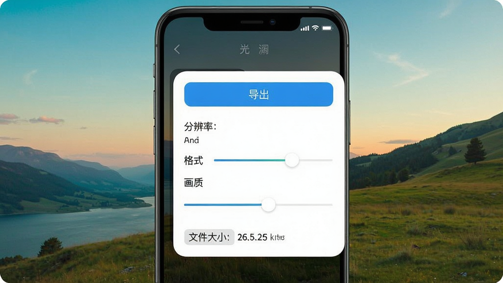 一张展示光卷导出界面的图片,手机屏幕上显示导出设置选项,包括分辨率、格式、画质滑块,背景是已调色的风景照片,布局为手机应用弹窗,排版简洁,风格为现代扁平化UI,细节包括按钮文字“导出”、进度条、文件大小显示,画质高清,干净,无多余元素
