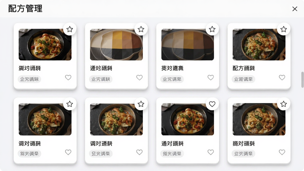光卷应用内的配方管理界面,屏幕上排列着多个已保存的调色配方卡片,每个卡片上有缩略图和配方名称,背景为浅色列表,布局为网格排列,排版整齐,风格为简约工具类应用,细节包括卡片阴影、收藏图标、分类标签,画质高清,干净,无多余元素