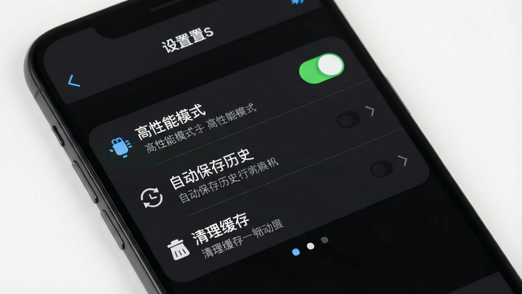 一张手机屏幕显示光卷应用内设置界面,界面上有“高性能模式”“自动保存历史”“清理缓存”等选项,背景为深色主题,布局为列表式,排版清晰,风格为工具类应用设置页,细节包括开关按钮、说明文字、图标,画质高清,干净,无多余元素