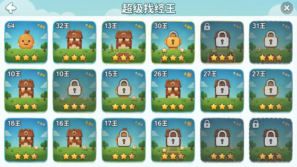 主体为超级找茬王游戏关卡选择界面,布局为网格状缩略图排列,排版整齐,风格为清新休闲,细节包含关卡数字、星级评价、锁定图标,画质高清,干净,无多余元素