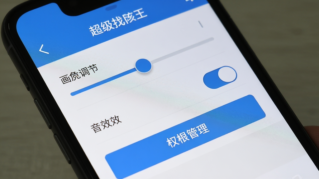 主体为手机屏幕显示超级找茬王设置界面,布局为选项列表,排版清晰,风格为简洁工具风,细节包含画质调节滑块、音效开关、权限管理按钮,画质高清,干净,无多余元素