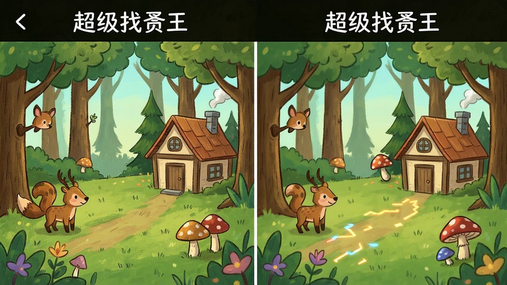 主体为超级找茬王游戏场景截图,布局为两幅并排图片展示差异,排版自然,风格为手绘插画,细节包含森林、动物、房屋等元素,画质高清,干净,无多余元素