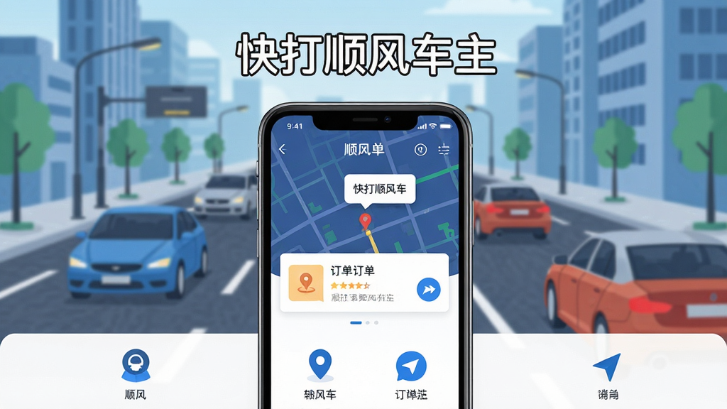 快打顺风车主应用主界面展示,画面中央是一部智能手机,屏幕显示顺风车接单地图与订单卡片,背景为城市道路与车辆,布局为上下结构,上方为软件名称快打顺风车主,下方为功能图标排列,风格为现代扁平化科技风,细节包含定位图标、订单气泡、导航箭头,画质清晰,干净,无多余元素