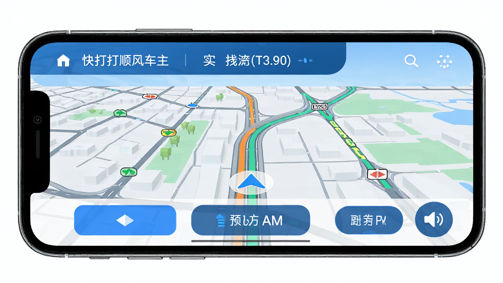 快打顺风车主实时导航界面,画面为手机横屏显示,屏幕中展示城市道路地图与导航箭头,布局为上方信息栏、中间地图、下方操作按钮,风格为科技蓝调,细节包含路况颜色标识、预计到达时间、语音播报图标,画质清晰,干净,无多余元素
