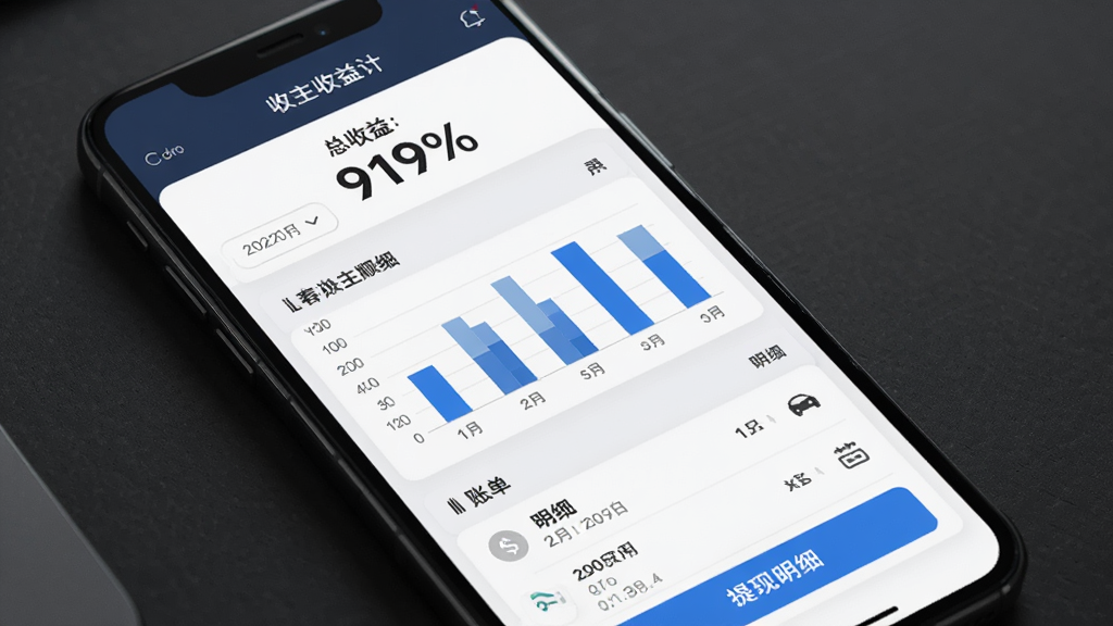 快打顺风车主收益统计页面,画面为手机屏幕显示数据图表,布局为上方总收益数字、中间柱状图、下方账单列表,风格为商务简约风,细节包含日期筛选、提现按钮、明细图标,画质清晰,干净,无多余元素