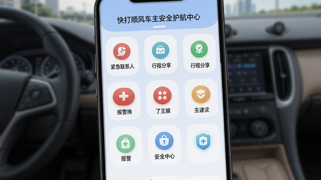 快打顺风车主安全护航中心界面,画面为手机屏幕展示安全功能图标,布局为九宫格排列,风格为柔和圆角设计,细节包含紧急联系人、行程分享、报警按钮、安全中心标识,画质清晰,干净,无多余元素