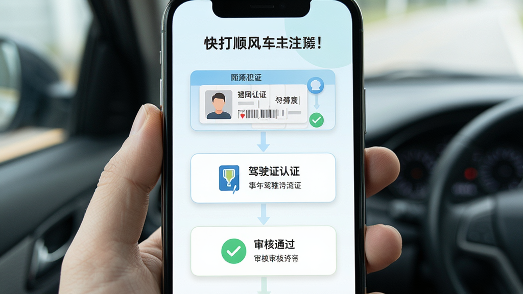 快打顺风车主新手操作指引,画面为手机屏幕展示注册认证步骤,布局为竖向流程图,风格为清新浅色,细节包含身份证上传、驾驶证认证、审核通过图标,画质清晰,干净,无多余元素