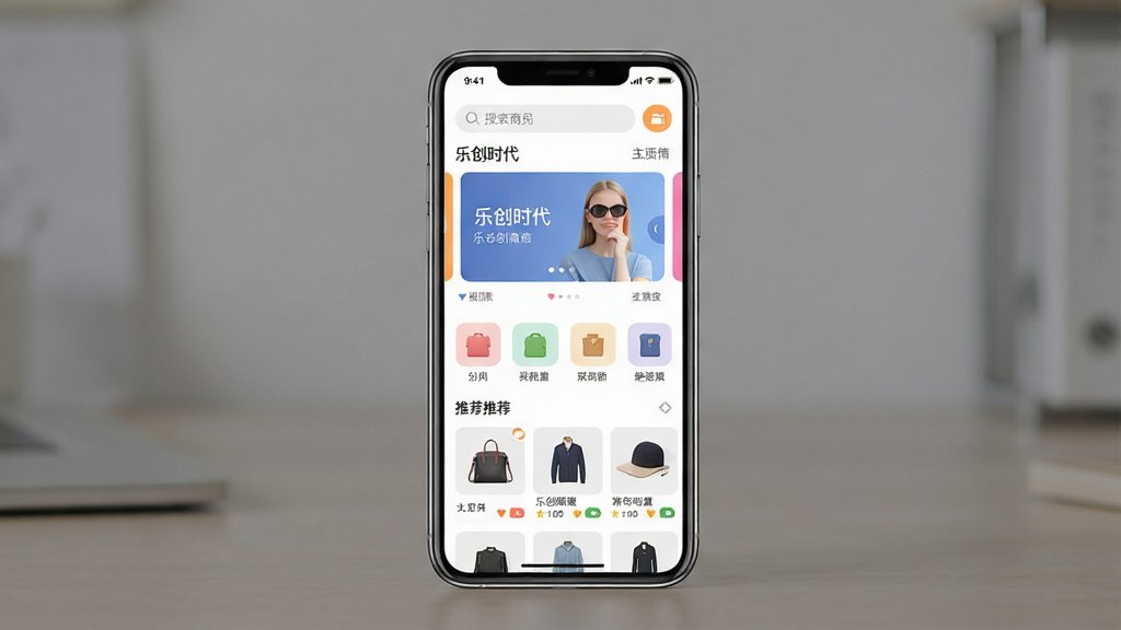 一张展示“乐创时代”手机应用主界面的预览图,画面中央是一部竖屏智能手机,屏幕上显示购物商城首页,包含顶部搜索栏、中部轮播图、下方商品分类图标和推荐商品列表,整体布局清晰,排版整齐,风格现代简约,细节包括图标圆角、卡片阴影和柔和色调,画质高清,干净,无多余元素