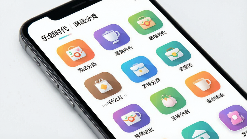 一张展示“乐创时代”应用商品分类页面的AI生图,画面主体为手机屏幕,屏幕上以网格形式排列多个商品分类图标,图标下方标注分类名称,布局整齐,排版清晰,风格清新明亮,细节包括图标颜色丰富、背景干净、文字清晰可读,画质高清,干净,无多余元素