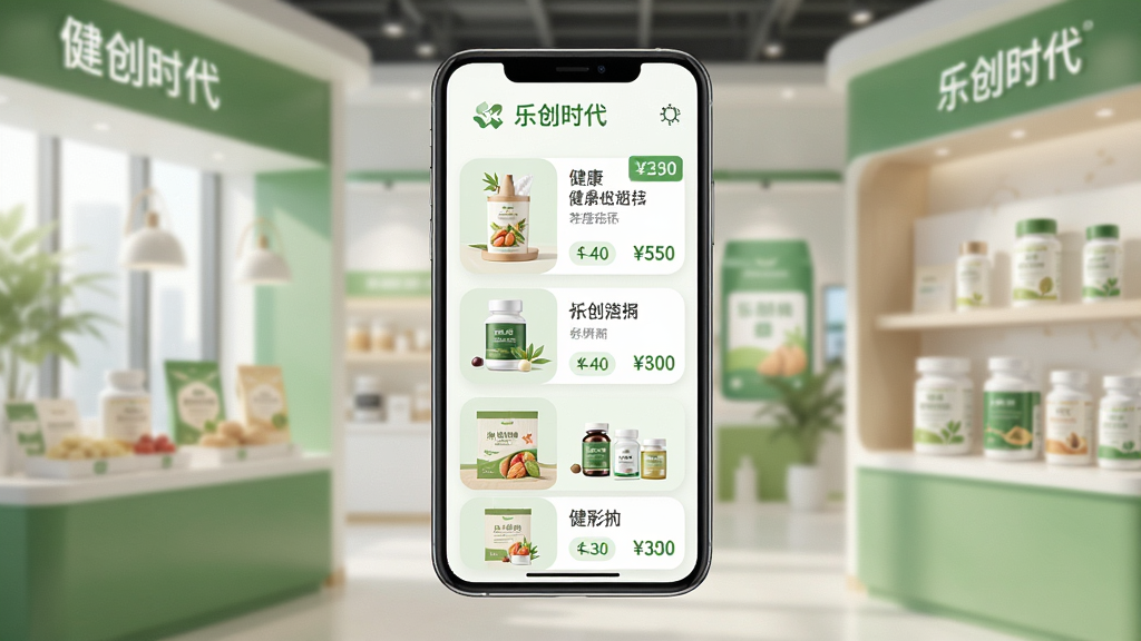 一张展示“乐创时代”健康产品专区的AI生图,画面主体为手机屏幕,屏幕上展示健康食品和保健品的商品卡片,包含产品图片、名称和价格信息,布局为纵向列表,排版整洁,风格温和健康,细节包括绿色调点缀、卡片圆角、清晰的价格标签,画质高清,干净,无多余元素