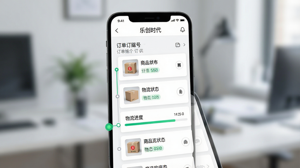 一张展示“乐创时代”订单物流追踪页面的AI生图,画面主体为手机屏幕,屏幕上显示订单列表和物流进度条,包含订单编号、商品缩略图、物流状态文字,布局为纵向卡片排列,排版清晰,风格简洁商务,细节包括时间轴节点、状态高亮、图标指示,画质高清,干净,无多余元素