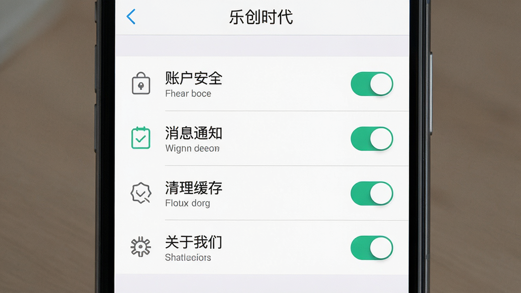 一张展示“乐创时代”手机应用设置页面的AI生图,画面主体为手机屏幕,屏幕上显示设置菜单列表,包含账户安全、消息通知、清理缓存、关于我们等选项,布局为纵向列表,排版清晰,风格简洁素雅,细节包括图标配文字、分割线、开关按钮,画质高清,干净,无多余元素