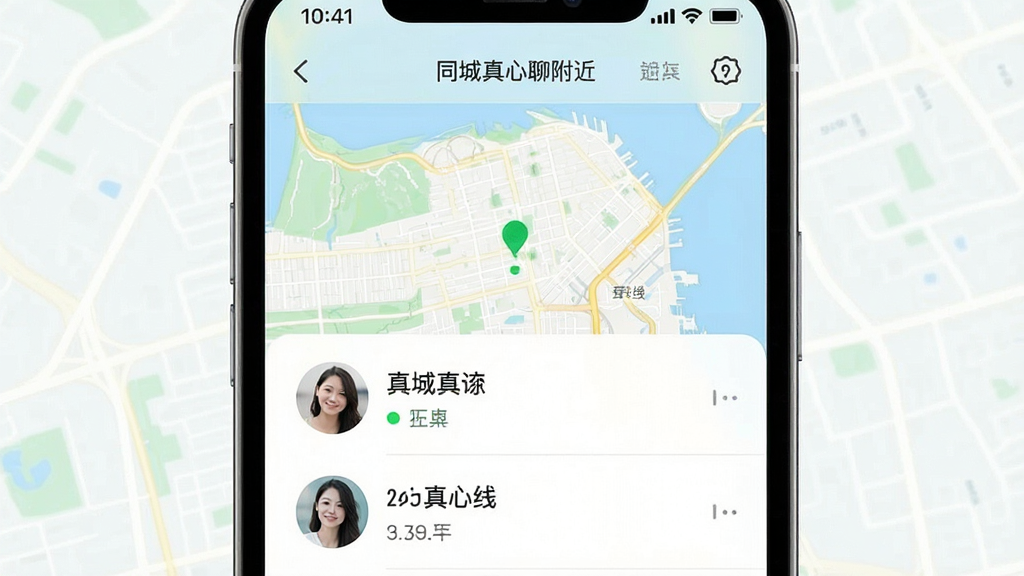 一张同城真心聊附近的人功能展示图,主体为手机屏幕显示地图与用户头像列表,布局上下结构,排版简洁,风格清新,细节包含距离数值、在线状态小绿点,画质高清,干净,无多余元素