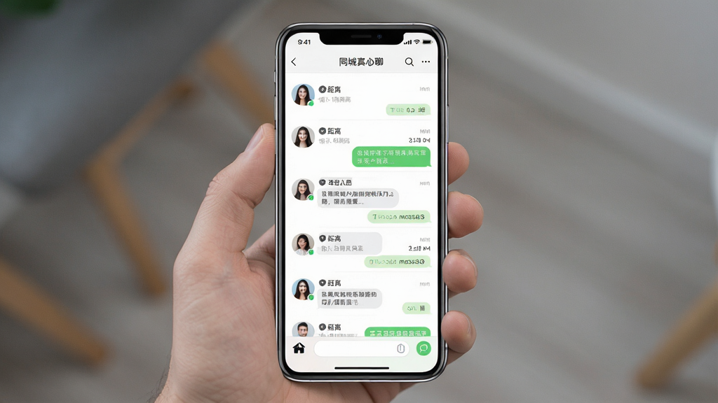 一张展现同城真心聊软件界面全貌的图片,主体为手机屏幕中显示同城社交聊天列表,布局居中,排版清晰,风格现代简约,细节包含头像、距离标签、消息气泡,画质高清,干净,无多余元素