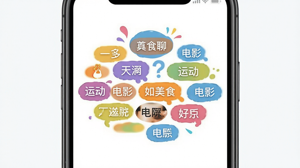 一张同城真心聊兴趣标签匹配界面图,主体为手机屏幕展示多个彩色兴趣标签云,布局居中,排版错落有致,风格活泼,细节包含标签文字如运动美食电影,画质高清,干净,无多余元素