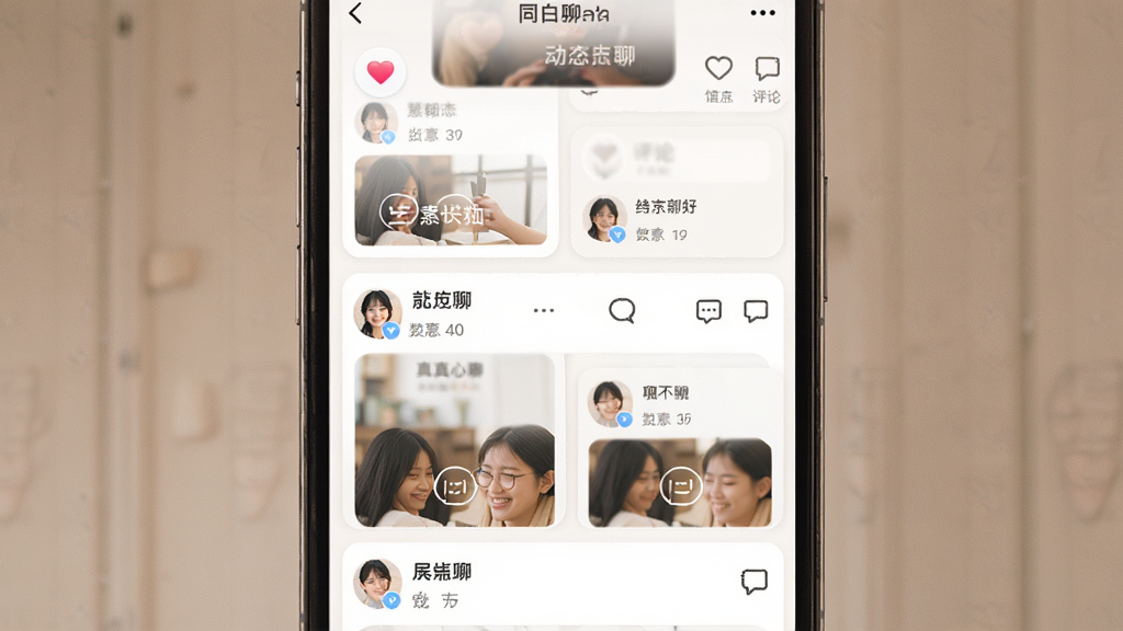 一张同城真心聊动态广场界面图,主体为手机屏幕显示瀑布流动态卡片,布局两列,排版整齐,风格温暖,细节包含点赞按钮、评论图标、用户昵称,画质高清,干净,无多余元素